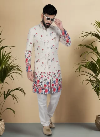 Print Work Silk Indo Western In Multi Colour and Off White