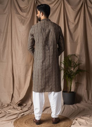 Print Work Silk Kurta Pyjama In Black Color