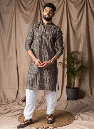 Print Work Silk Kurta Pyjama In Black Color