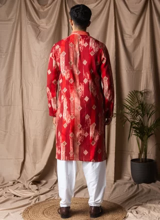 Print Work Silk Kurta Pyjama In Red for Festival