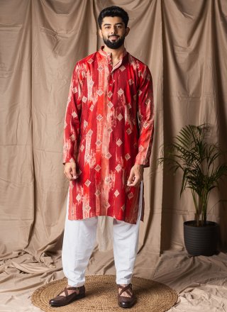 Print Work Silk Kurta Pyjama In Red for Festival