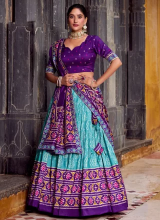 Print Work Silk Lehenga Choli In Blue for Ceremonial