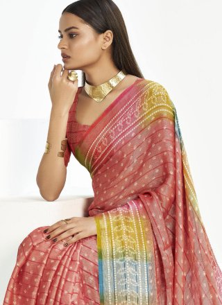 Print Work Silk Trendy Saree In Crimson Color