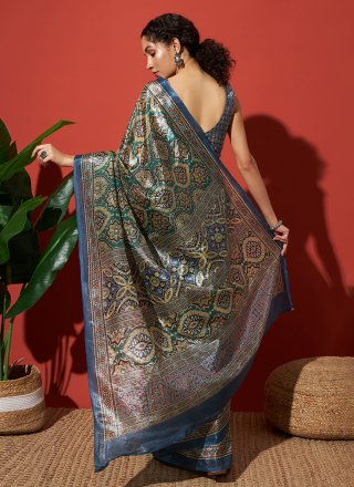 Print Work Tissue Contemporary Saree In Green Color