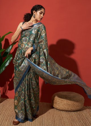 Print Work Tissue Contemporary Saree In Green Color