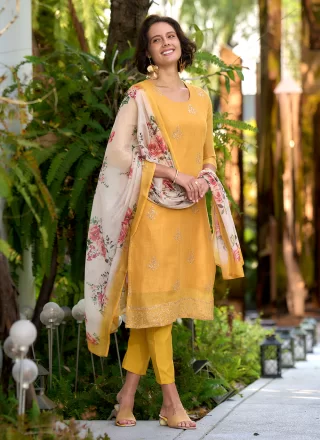 Print Work Tissue Pant Style Suit In Yellow Color