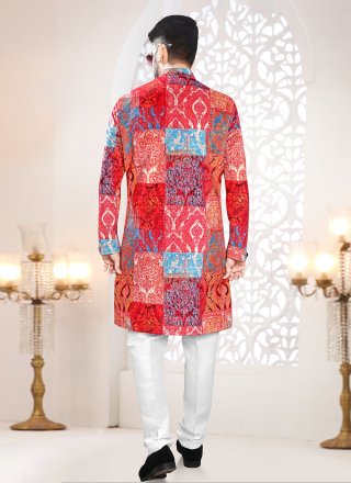 Print Work Velvet Indo Western In Red