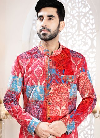 Print Work Velvet Indo Western In Red