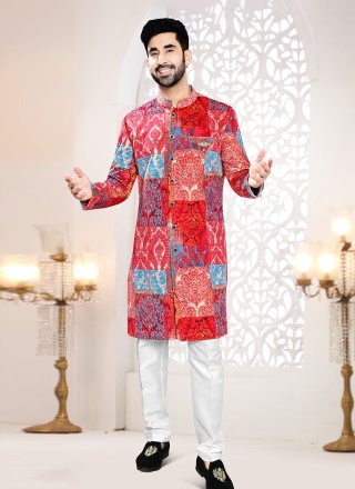 Print Work Velvet Indo Western In Red