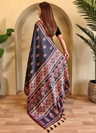 Print Work Viscose Designer Sari In Black Color