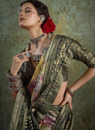 Print, Woven and Zari Work Silk Contemporary Saree In Green and Teal for Ceremonial