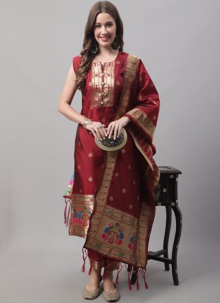 Pristine Maroon Cotton Silk Salwar Suit