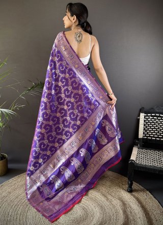 Pristine Violet Banarasi Silk Designer Saree with Weaving and Zari Work