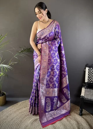 Pristine Violet Banarasi Silk Designer Saree with Weaving and Zari Work