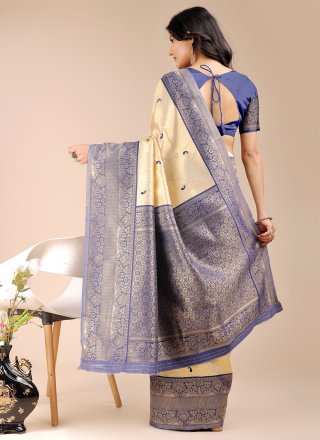 Prodigious Cream and Blue Banarasi Silk Trendy Saree with Patch Border and Woven Work