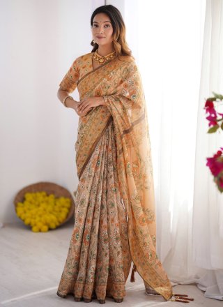 Prodigious Cream Handloom Cotton Contemporary Saree with Print Work