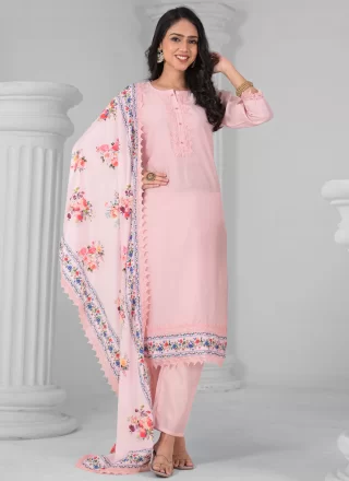 Prodigious Pink Chanderi Readymade Salwar Suit with Embroidered Work