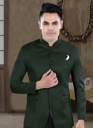 Prominent Green Viscose Jodhpuri Suit with Buttons and Plain Work