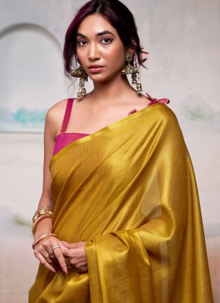 Prominent Mustard Handloom Silk Traditional Saree In Plain