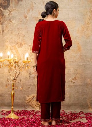 Prominent Red Velvet Readymade Salwar Suit with Embroidered, Sequins and Zari Work