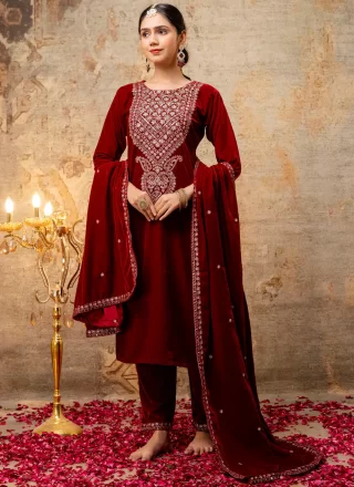 Prominent Red Velvet Readymade Salwar Suit with Embroidered, Sequins and Zari Work