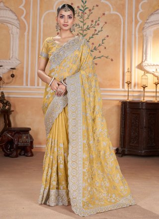 Pure Crepe Designer Sari In Yellow Color