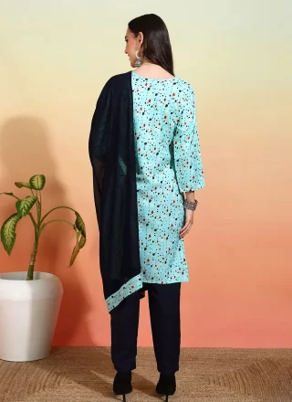 Pure Crepe Pant Style Suit In Aqua Blue Color