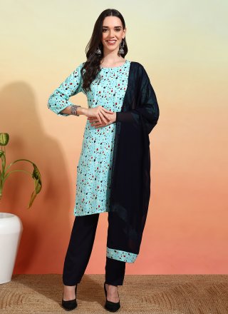 Pure Crepe Pant Style Suit In Aqua Blue Color