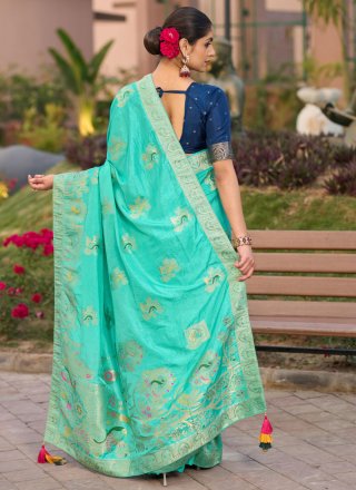 Pure Dola Contemporary Sari In Turquoise Color