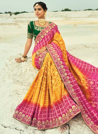 Pure Georgette Contemporary Saree In Mustard and Rani