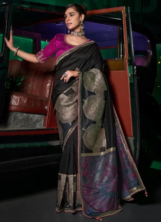 Pure Silk Designer Saree In Black Color
