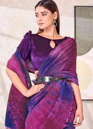 Purple and Rani Satin Silk Abstract Print Work Trendy Saree