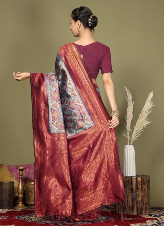 Purple and Teal Silk Trendy Saree with Weaving Work