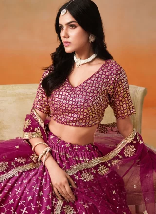 Purple and Wine Embroidered, Sequins and Zari Work Georgette A - Line Lehenga Choli