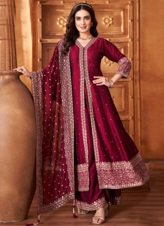 Purple and Wine Silk Salwar Suit with Embroidered, Sequins and Zari Work