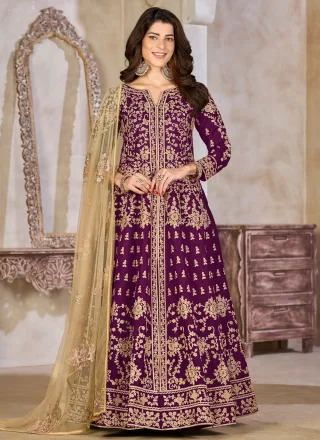 Purple Art Silk Anarkali Suit with Embroidered and Zari Work for Ceremonial