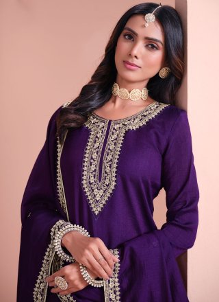 Purple Art Silk Embroidered and Zari Work Salwar Suit for Ceremonial