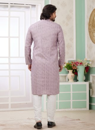 Purple Art Silk Kurta Pyjama with Embroidered Work for Men