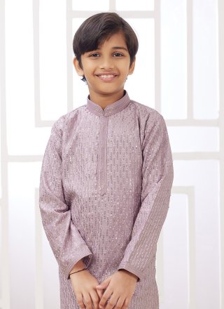 Purple Art Silk Thread Work Kurta Pyjama for Kid