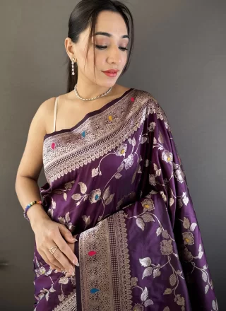 Purple Banarasi Silk Classic Saree with Weaving and Zari Work for Ceremonial