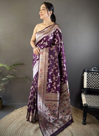 Purple Banarasi Silk Classic Saree with Weaving and Zari Work for Ceremonial
