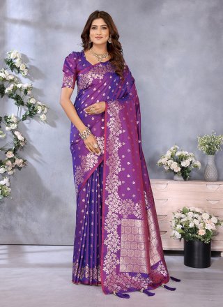 Purple Banarasi Silk Classic Sari with Jacquard and Weaving Work