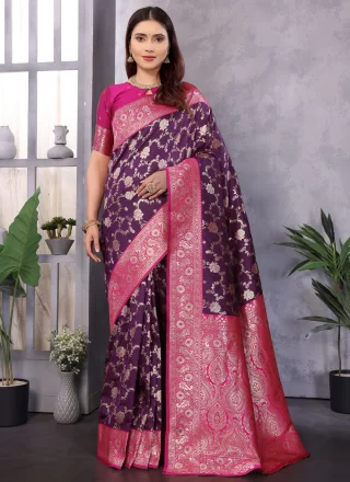 Purple Banarasi Silk Weaving Work Traditional Saree