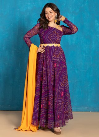Purple Bandhej Work Georgette Designer Gown