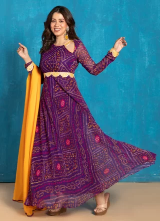 Purple Bandhej Work Georgette Designer Gown