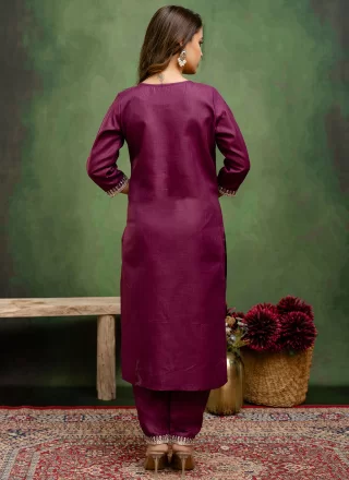 Purple Blended Cotton Embroidered Work Pant Style Suit for Casual