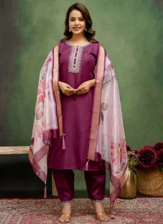 Purple Blended Cotton Embroidered Work Pant Style Suit for Casual