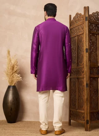 Purple Blended Cotton Kurta Pyjama with Mirror Work
