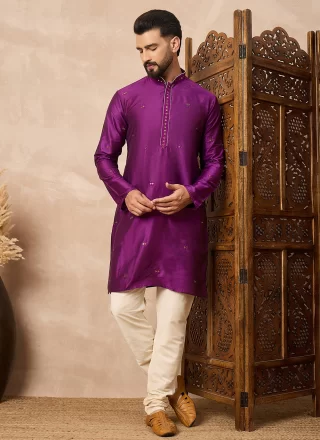 Purple Blended Cotton Kurta Pyjama with Mirror Work
