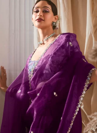 Purple Booti, Cut, Sequins, Thread and Zari Work Fancy Fabric Contemporary Sari